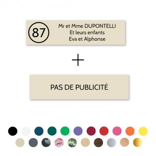 Plaque boîte aux lettres Decayeux NOM - NUMÉRO + Plaque STOP PUB | 3 lignes