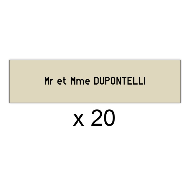 Lot de 20 plaques beige lettres noires pour boite aux lettres Decayeux (100x25mm) pour copropriété, syndic immeuble Lot de 20 plaques beige lettres noires pour boite aux lettres Decayeux (100x25mm) pour copropriété, syndic immeuble