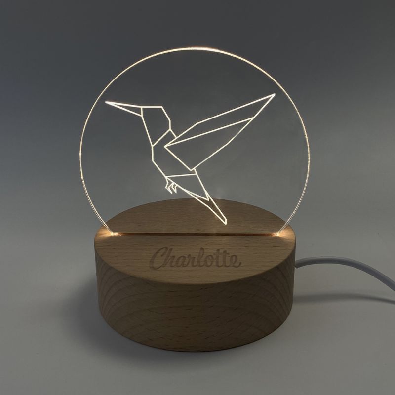 Lampe de chevet à LED avec socle en bois personnalisable avec prénom |  Modèle Animaux Origami