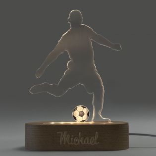 Lampe LED joueur de football à personnaliser avec une photo un logo et avec un prénom sur socle en bois ovale