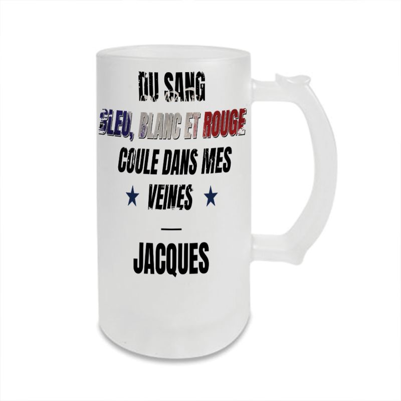 Chope à bière personnalisée · Du sang bleu blanc rouge coule dans mes veines Chope à bière personnalisée · Du sang bleu blanc rouge coule dans mes veines