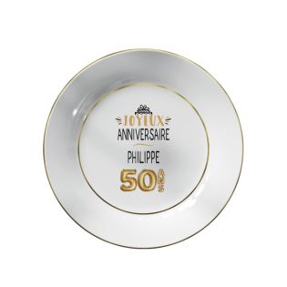Assiette à dessert avec liseré or Personnalisée avec Prénom · Ballons Dorés 50 ans