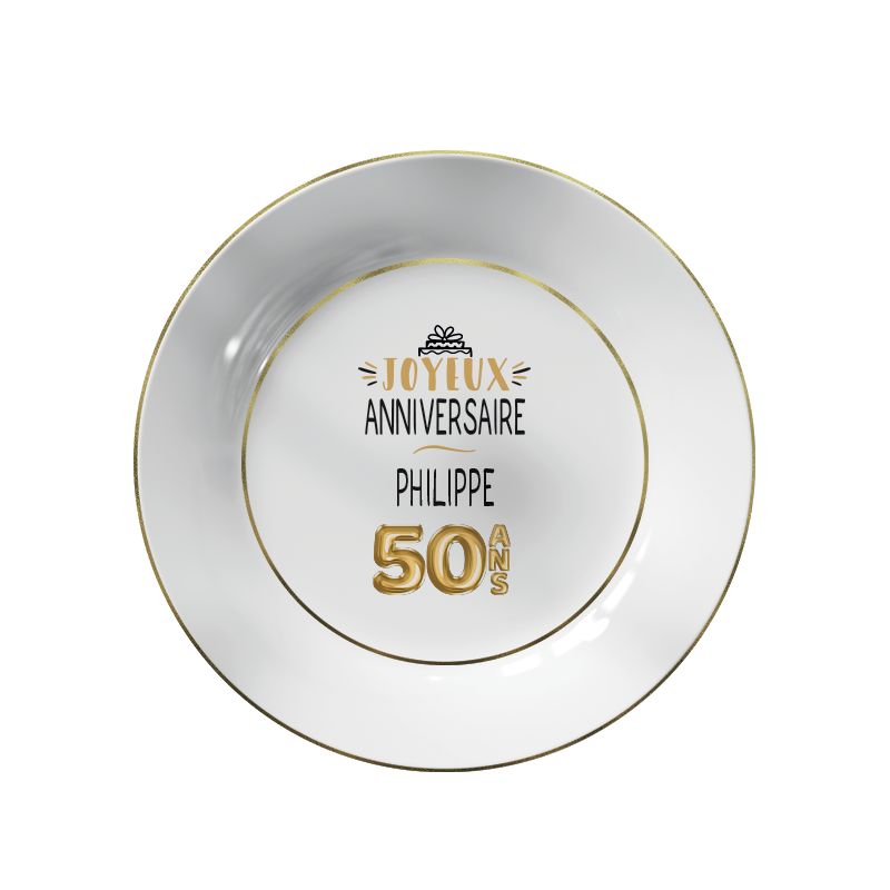 Assiette à dessert avec liseré or Personnalisée avec Prénom · Ballons Dorés 50 ans