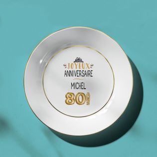 Assiette à dessert avec liseré or Personnalisée avec Prénom · Ballons Dorés 80 ans
