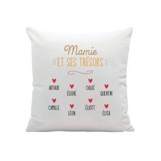 Coussin carré blanc "Les Trésors de Mamie" personnalisé avec Prénoms