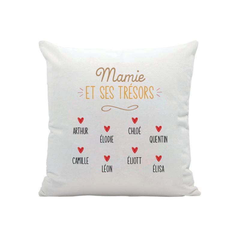 Coussin carré blanc "Les Trésors de Mamie" personnalisé avec Prénoms Coussin carré blanc "Les Trésors de Mamie" personnalisé avec Prénoms