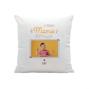 Coussin carré blanc "Le Trésor de Mamie" personnalisé avec Photo