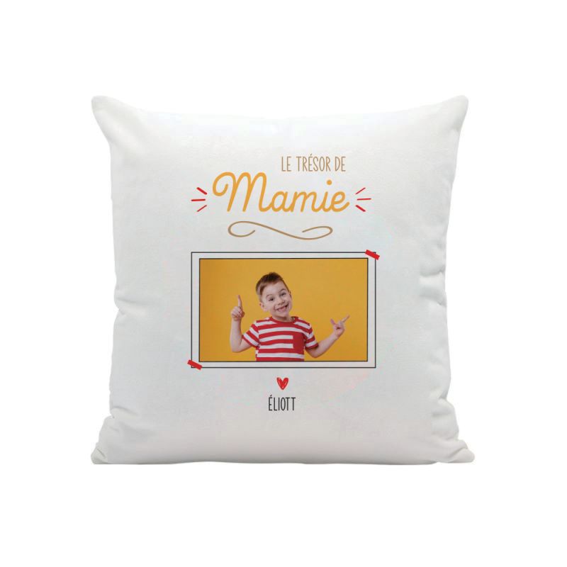 Coussin carré blanc "Le Trésor de Mamie" personnalisé avec Photo