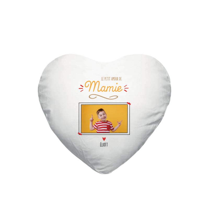 Coussin cœur blanc "Le Petit Amour de Mamie" personnalisable avec Photo