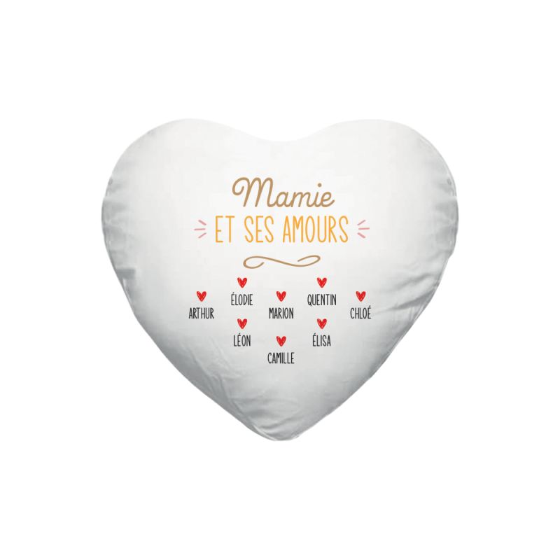 Coussin cœur blanc "Mamie et ses amours" personnalisable