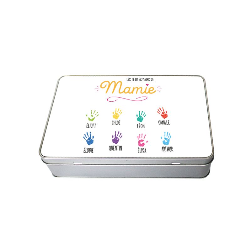 Boite de rangement en aluminium pour Mamie avec empreintes mains personnalisée