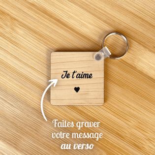 Porte-clés carré effet bois clair à graver · Modèle Date de Rencontre