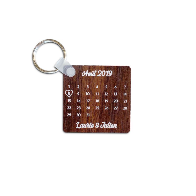 Porte-clés carré effet bois foncé à graver · Modèle Date de Rencontre
