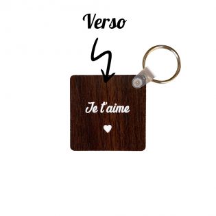 Porte-clés carré effet bois foncé à graver · Modèle Date de Rencontre