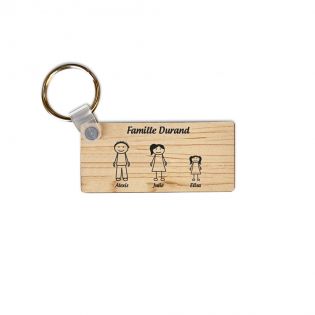 Porte-clés rectangulaire effet bois clair à graver · Modèle Famille 3 personnages
