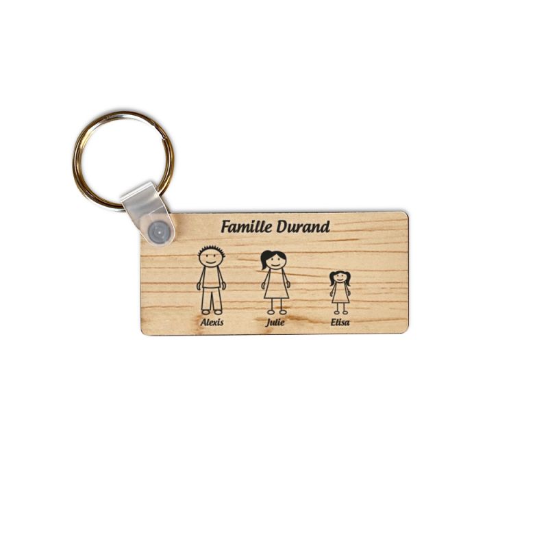 Porte-clés rectangulaire effet bois clair à graver · Modèle Famille 3 personnages Porte-clés rectangulaire effet bois clair à graver · Modèle Famille 3 personnages
