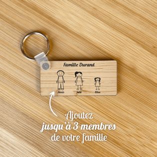 Porte-clés rectangulaire effet bois clair à graver · Modèle Famille 3 personnages