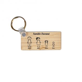 Porte-clés rectangulaire effet bois clair à graver · Modèle Famille 4 personnages