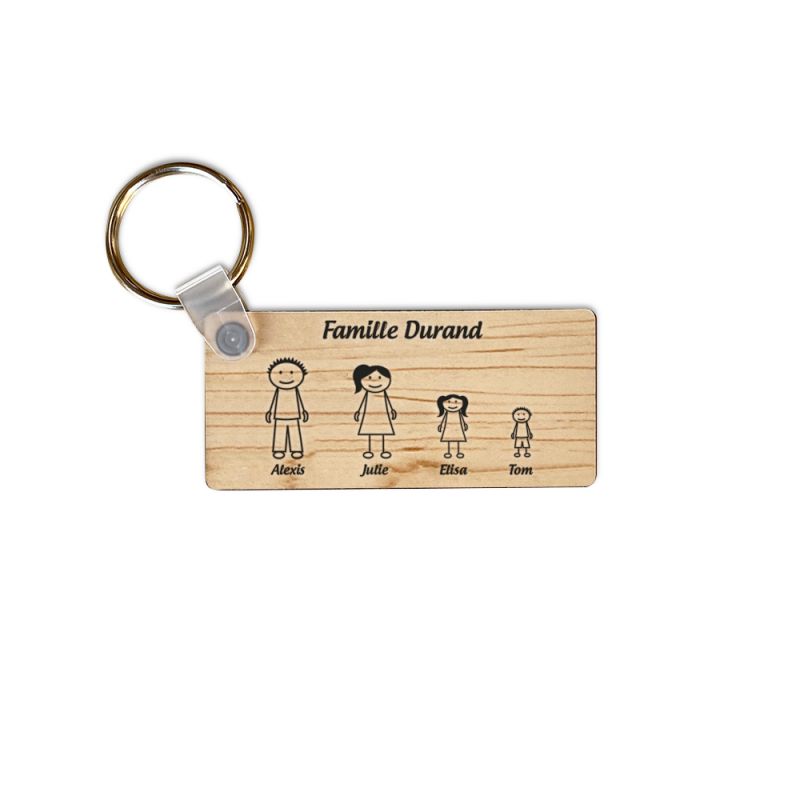 Porte-clés rectangulaire effet bois clair à graver · Modèle Famille 4 personnages Porte-clés rectangulaire effet bois clair à graver · Modèle Famille 4 personnages