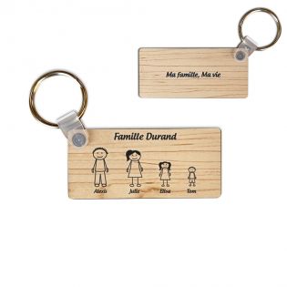 Porte-clés rectangulaire effet bois clair à graver · Modèle Famille 4 personnages
