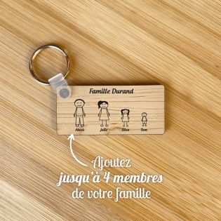 Porte-clés rectangulaire effet bois clair à graver · Modèle Famille 4 personnages
