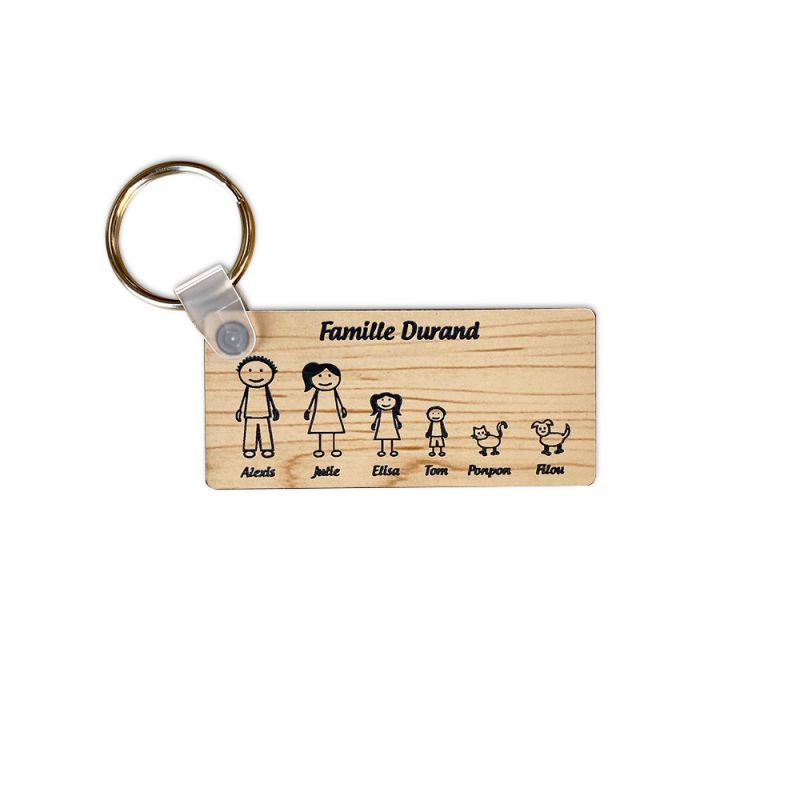 Porte-clés rectangulaire effet bois clair à graver · Modèle Famille 6 personnages Porte-clés rectangulaire effet bois clair à graver · Modèle Famille 6 personnages