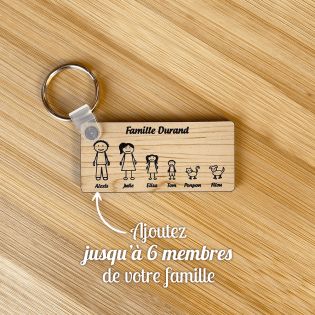 Porte-clés rectangulaire effet bois clair à graver · Modèle Famille 6 personnages