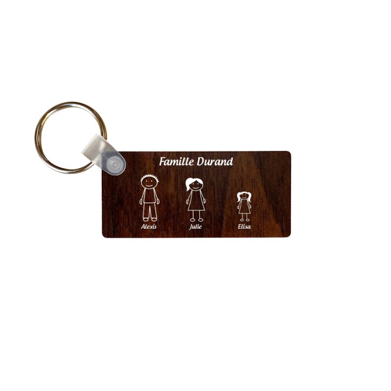Porte-clés rectangulaire effet bois foncé à graver · Modèle Famille 3 personnages Porte-clés rectangulaire effet bois foncé à graver · Modèle Famille 3 personnages