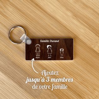 Porte-clés rectangulaire effet bois foncé à graver · Modèle Famille 3 personnages