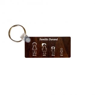 Porte-clés rectangulaire effet bois foncé à graver · Modèle Famille 4 personnages