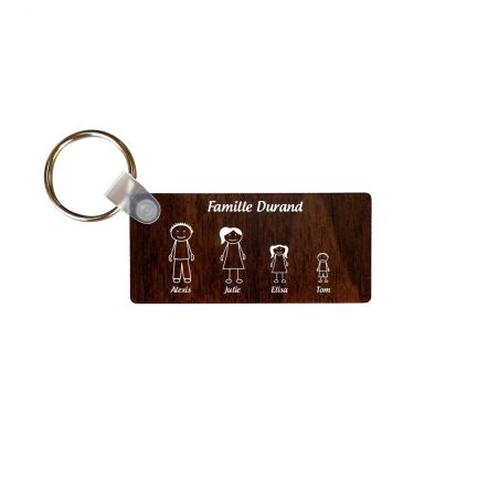 Porte-clés rectangulaire effet bois foncé à graver · Modèle Famille 4 personnages