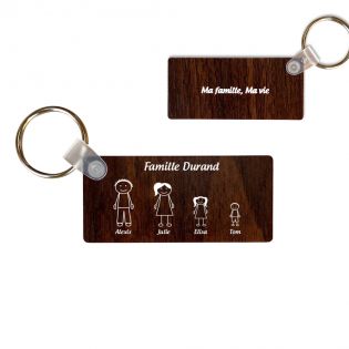 Porte-clés rectangulaire effet bois foncé à graver · Modèle Famille 4 personnages