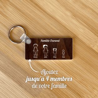 Porte-clés rectangulaire effet bois foncé à graver · Modèle Famille 4 personnages