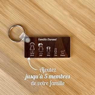 Porte-clés rectangulaire effet bois foncé à graver · Modèle Famille 5 personnages