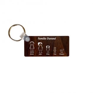 Porte-clés rectangulaire effet bois foncé à graver · Modèle Famille 5 personnages