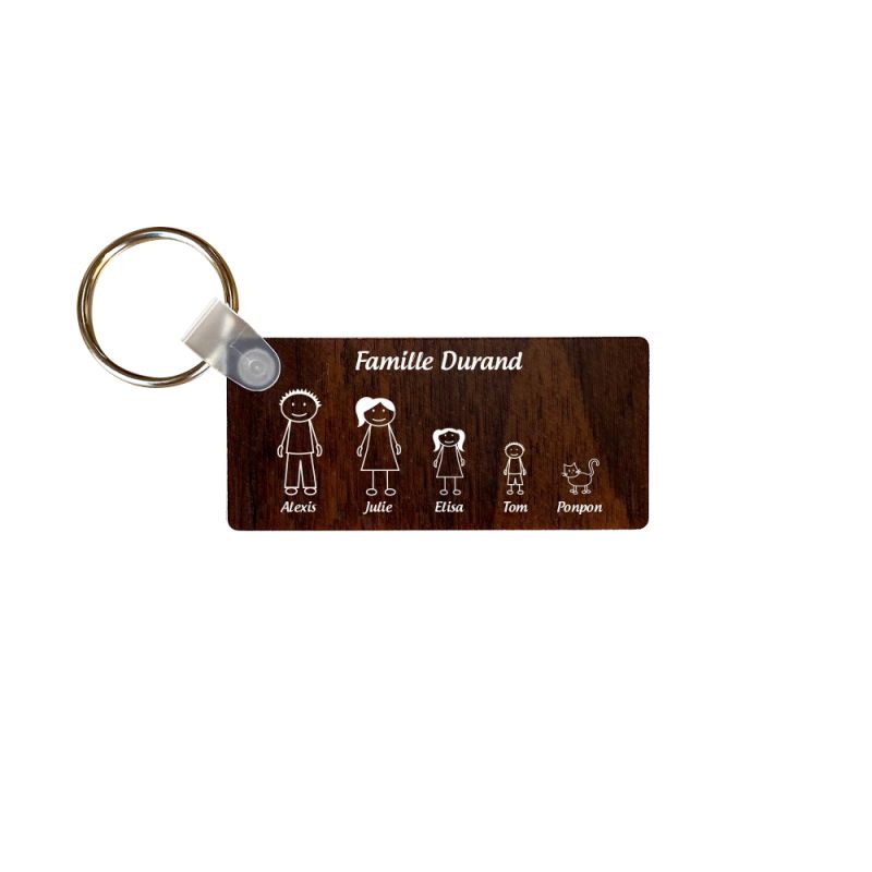 Porte-clés rectangulaire effet bois foncé à graver · Modèle Famille 5 personnages Porte-clés rectangulaire effet bois foncé à graver · Modèle Famille 5 personnages