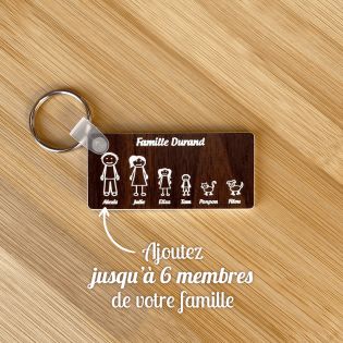 Porte-clés rectangulaire effet bois foncé à graver · Modèle Famille 6 personnages