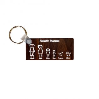 Porte-clés rectangulaire effet bois foncé à graver · Modèle Famille 6 personnages
