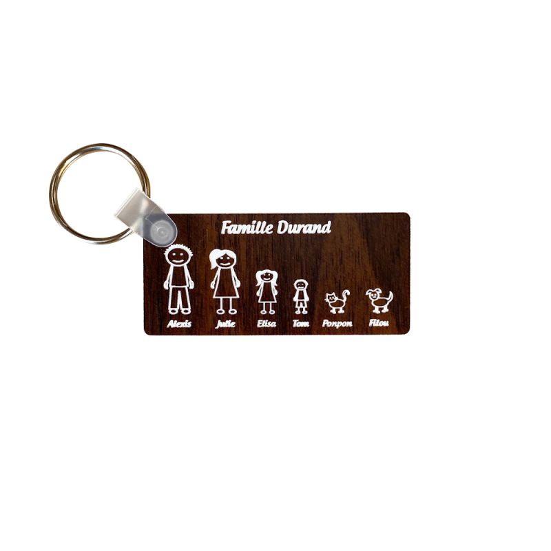 Porte-clés rectangulaire effet bois foncé à graver · Modèle Famille 6 personnages Porte-clés rectangulaire effet bois foncé à graver · Modèle Famille 6 personnages
