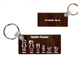 Porte-clés rectangulaire effet bois foncé à graver · Modèle Famille 6 personnages
