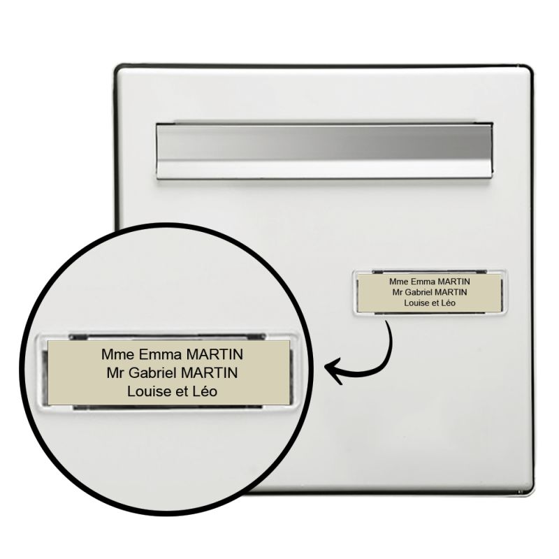 Plaque nom + Plaque Stop Pub pour boite aux lettres format Decayeux  (100x25mm) gris argent lettres noires - 3 lignes