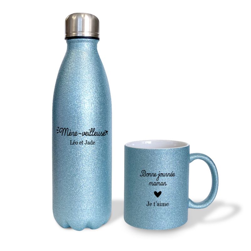 Pack Tasse + Bouteille isotherme pailletée bleuepersonnalisée · Reine de la piste de danse