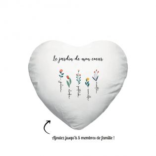 Coussin cœur + garniture personnalisable avec prénoms · Le jardin de mon cœur · Cadeau décoratif anniversaire ou fête des mères