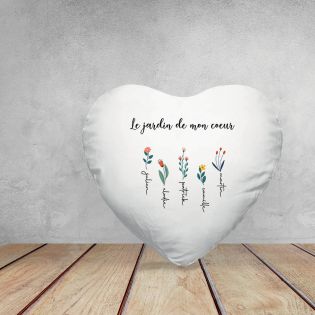 Coussin cœur + garniture personnalisable avec prénoms · Le jardin de mon cœur · Cadeau décoratif anniversaire ou fête des mères