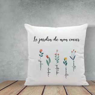 Coussin carré + garniture personnalisable avec prénoms · Le jardin de mon cœur · Cadeau décoratif anniversaire ou fête des mères