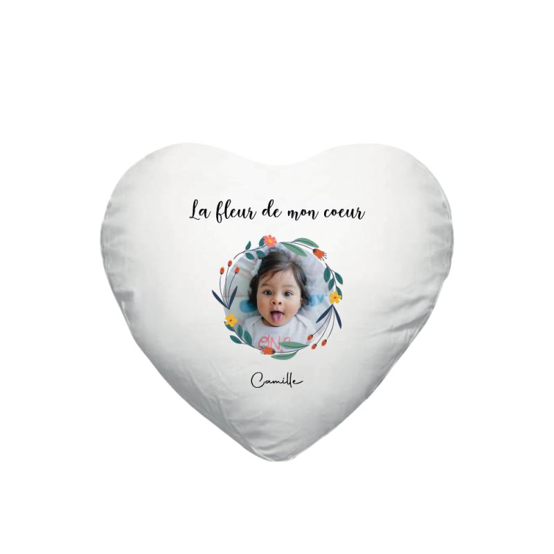 Coussin cœur + garniture personnalisable prénom et photo · La fleur de mon cœur · Cadeau décoratif fête des mères