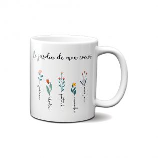 Mug en céramique blanc personnalisable avec prénoms · Le jardin de mon cœur · Cadeau anniversaire maman ou fête des mères