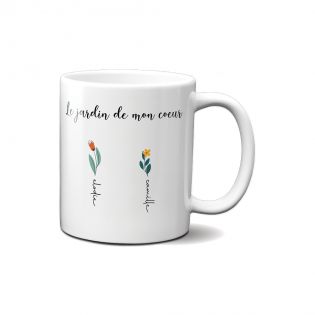 Mug en céramique blanc personnalisable avec prénoms · Le jardin de mon cœur · Cadeau anniversaire maman ou fête des mères