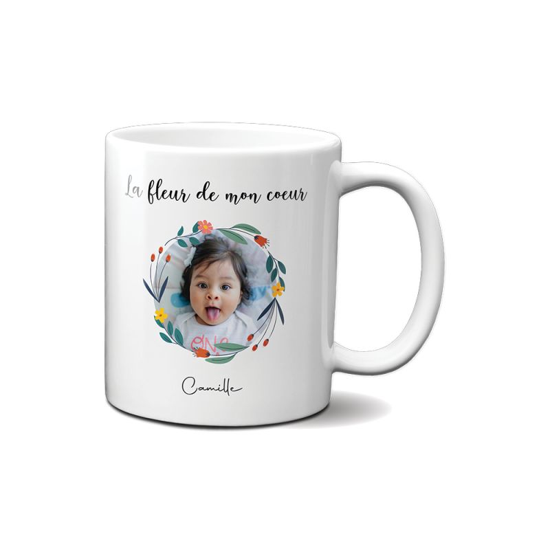 Tasse blanche personnalisable avec prénom et photo · Le jardin de mon cœur · Cadeau anniversaire maman ou fête des mères