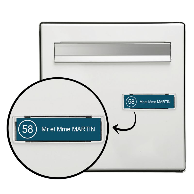 Étiquette Nom - Numéro pour boîte aux lettres personnalisée par gravure laser · 100 x 25 mm standard | 1 ligne Étiquette Nom - Numéro pour boîte aux lettres personnalisée par gravure laser · 100 x 25 mm standard | 1 ligne